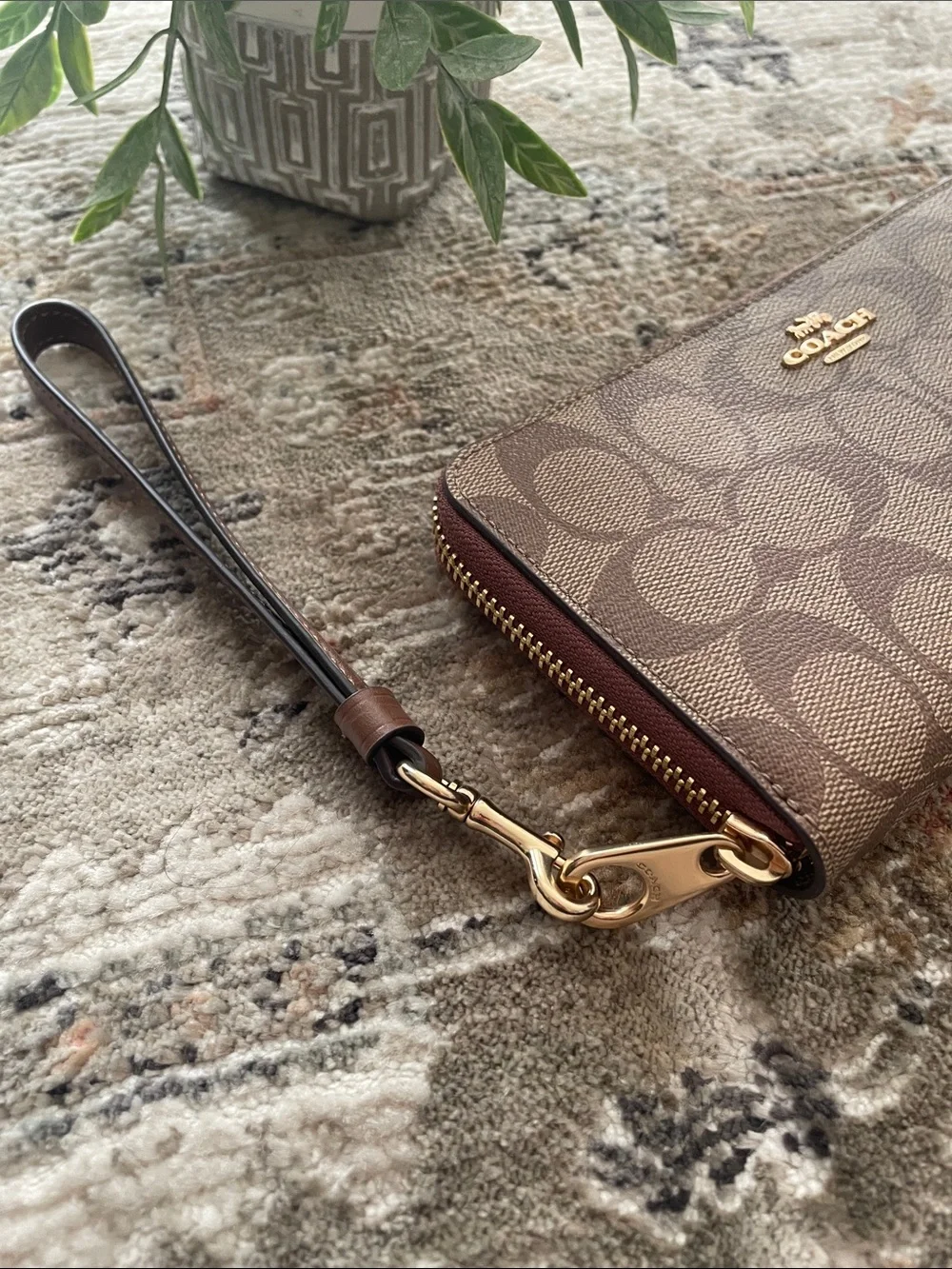 Coach Brown Signature Zip Wristlet Wallet with Gold Logo